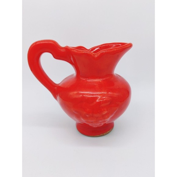 Vintage Mid Century Modern Red Lava Drip Glaze Ewer Milk Water Pitcher Handle - Picture 2 of 11